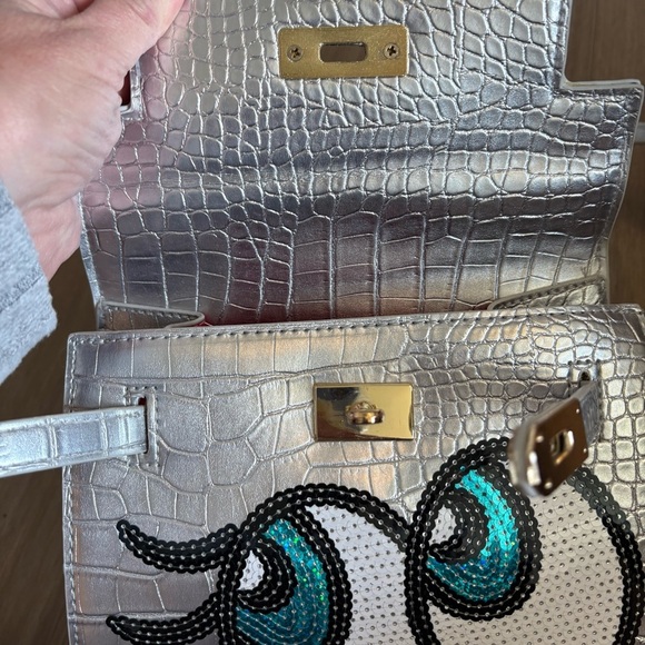 Silver Croc-Embossed Top Handle Novelty Bag with Cartoon Eyes and Gold Hardware - Picture 3 of 6